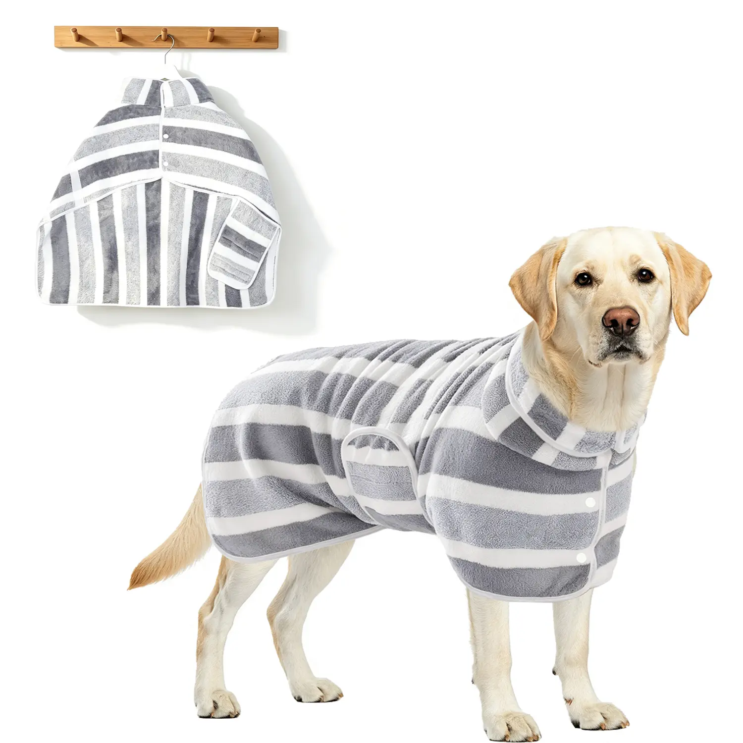 Striped Quick-Drying Pet Bath Towel-Robe with Neck Buckle, Dog & Cat Grooming Bath Accessories
