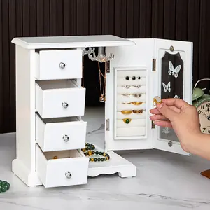 CNCEST Jewelry Box with 4 Drawers Built-in Mirror, 360° Rotatable Hook Glass Organizer for Rings, Earrings, Necklaces, and Bracelets Space-Saving Gift