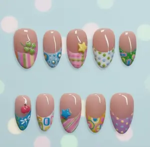 Y2K French Tip Pastel Colorful Polka Dot Press On Nails, Handmade 3D Stars and Hearts Acrylic Nail Art, Gift For Girl on Birthday Party