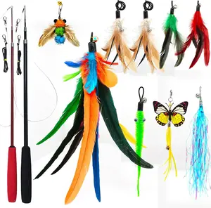 Interactive Cat Wand Toy Set for Indoor Cats – Retractable Feather Teaser Wands with 9 Feather Refills, Extra Long Fishing Pole Cat Toy for Kittens & Adult Cats