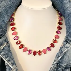 The Khloe Necklace Pink and Red Jewel Candy Vibes Teardrop Necklace with Vibrant Gemstones and Gold-Tone Accents