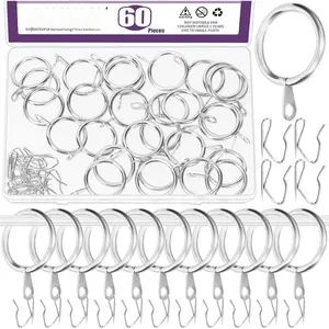 60 count 25mm/1" Inner Diameter Sliver Metal Curtain Ring with Pin- Drapery Hooks  Kit, Drape Sliding Eyelet Ring Metal Curtain Hooks, for Window Door Shower Curtain