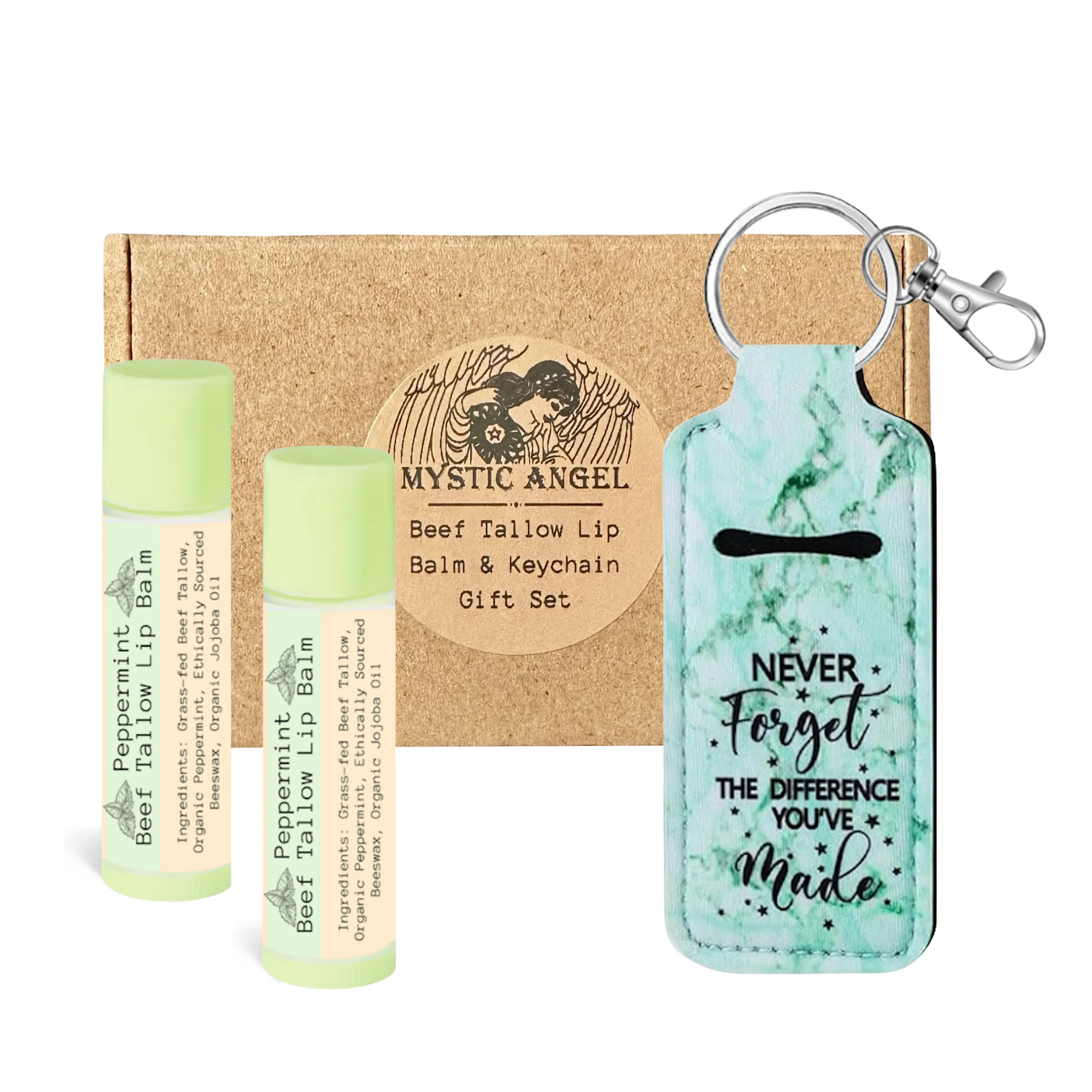 Mystic Angel Beef Tallow Lip Balm Gift Set - 2 Premium Balms, Keychain Holder, Natural Ingredients, Made in USA, Perfect for Gifts