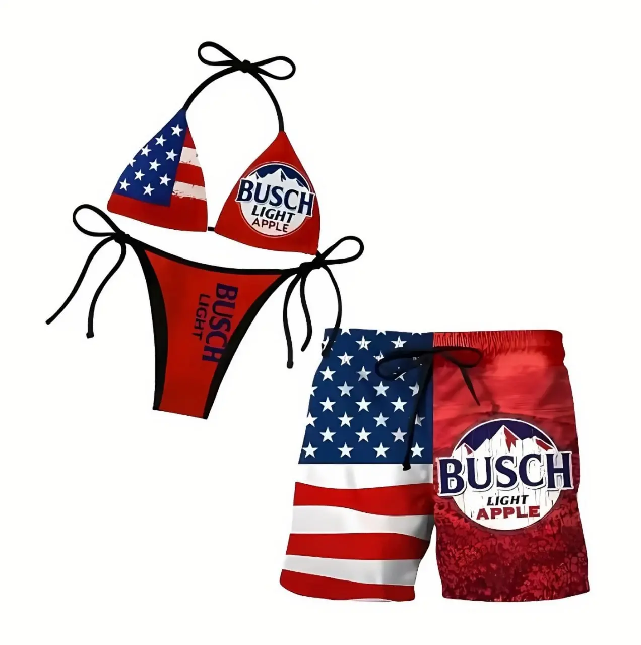 Matching Couple Bush-Apple Swimsuit Set, Patriotic Couple Bikini, USA Flag Swim Trunks, Summer Beachwear