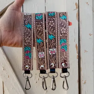Punchy Hand Tooled and Hand Painted Leather Key Chain Wristlet with Floral Card and Lightning Bolt Design for Clutch Wallet or Keys