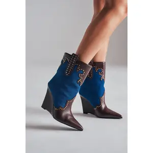 AZALEA WANG TALLULAH DENIM WEDGE WESTERN BOOTIE