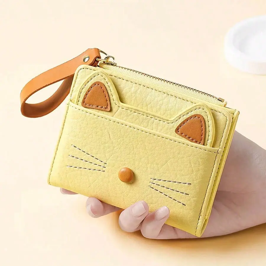 Women's cartoon-style minimalist cat wallet, mini cute coin purse, card holder, portable travel wallet, stylish and versatile.