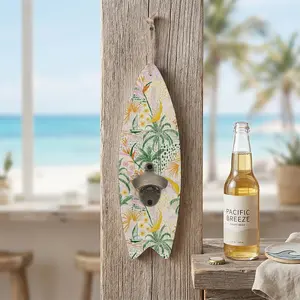 Tropical Floral Surfboard Beverage Opener - Novelty Wall-Mounted Manual Cap Remover - Integrated Hanging Rope for Easy Placement - Creative Gift for Social Gatherings & Vacation-Themed Decor