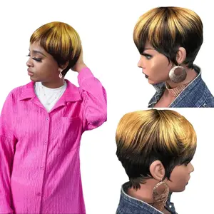 Women's Short Pixie Cut Human Hair Full Machine Wig - Natural Brown Highlights, Ombre Color, Ombre Color Wigs, Pixie Cut Wig