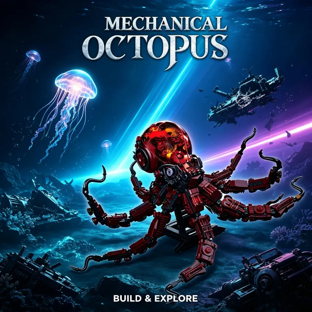 Mechanical Octopus Building Blocks, Steampunk Cyberpunk Octopus Model with Lights, 800+pcs DIY Assembly Bricks, Sea Creature Display for Hobbies