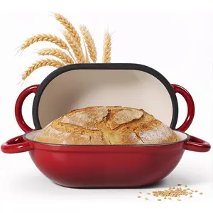2 QT Oval Dutch Oven for Bread Baking, Enamelled Cast Iron Bread Oven for Sourdough, Sourdough Loaf Pan with Lid, Non Stick Bread Pan for Homemade Bread Baking, Red