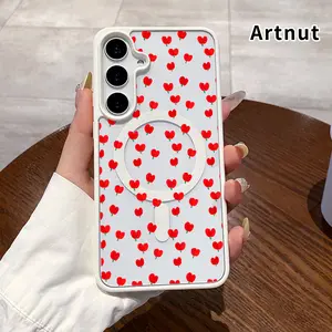 Magnetic Phone Case Supports Wireless Charging Compatible with Samsung Galaxy S23 Ultra S24 Plus S25 S22+ FE Heart Shaped Tulip Dream Pattern Non-Yellowing Silicone Transparent Acrylic Drop Protective Cover.