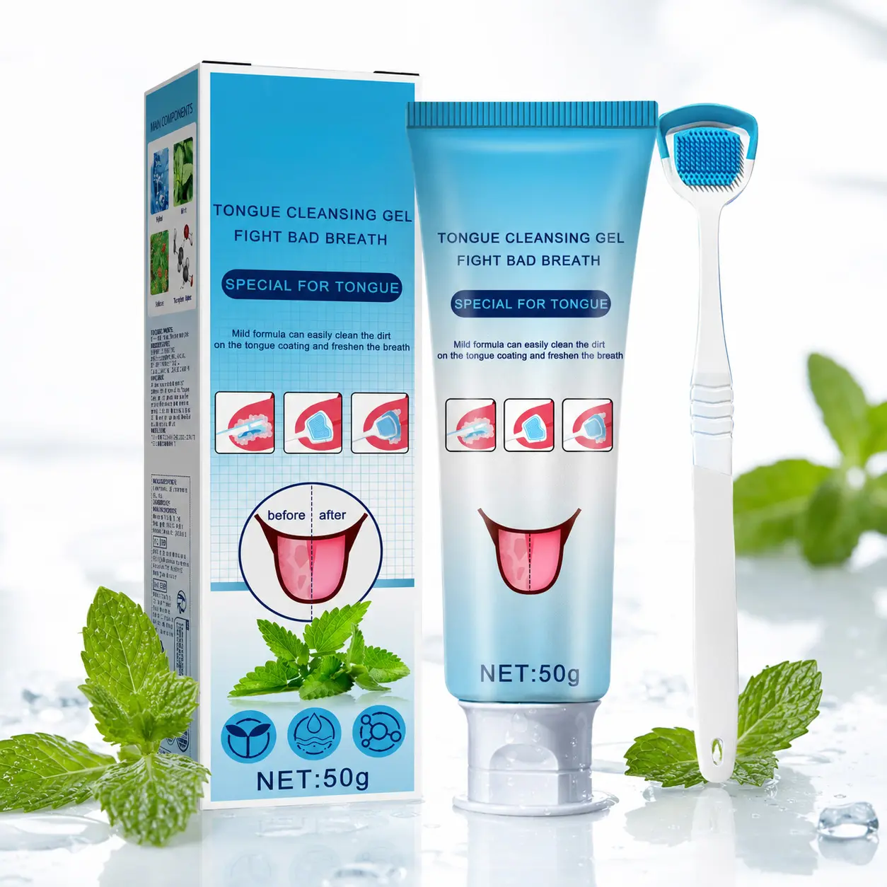 Tongue Cleaning Gel with Brush, Pro Tongue Scraper & Cleaner Kit for Deep Oral Care, Bad Breath Control & Instant Minty Freshness