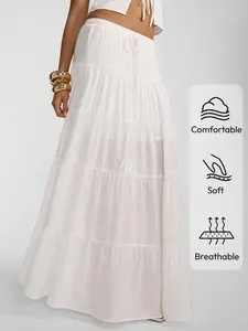 Women's Summer Boho Linen Blend Maxi Skirt Drawstring Elastic Waist Tiered Flowy Long Skirts Beach Vacation Resort Wear Casual A Line Skirt