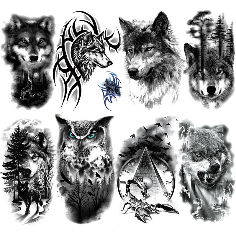 8 Pcs Waterproof Temporary Fake Tattoos, Wolf Owl Scorpion Designs, Adult Body Art Stickers for Men Women, Arm Leg Decorations