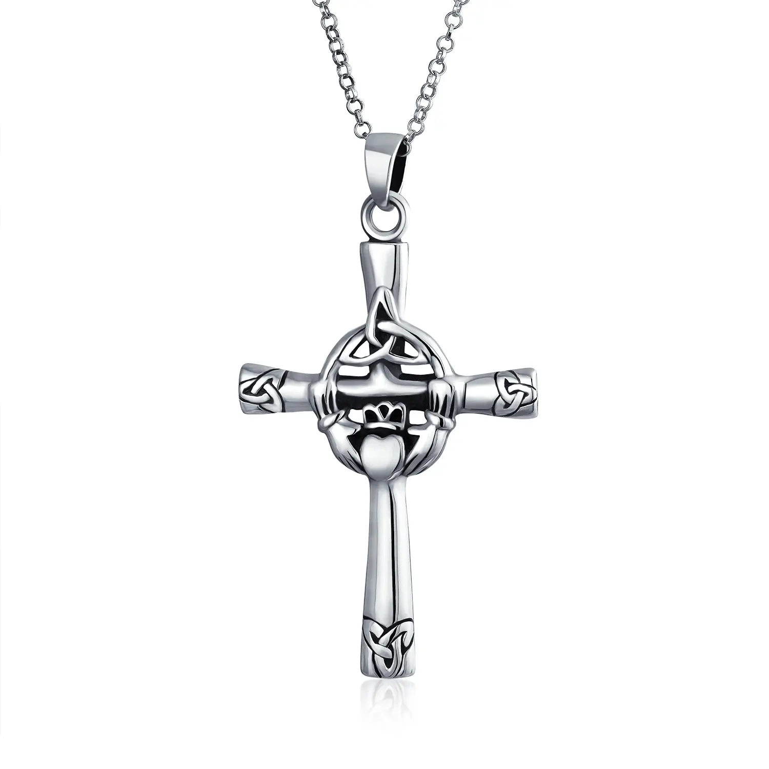 Celtic Claddagh Cross Pendant Necklace Trinity Infinity Knot Claddagh Oxidized .925 Sterling Silver