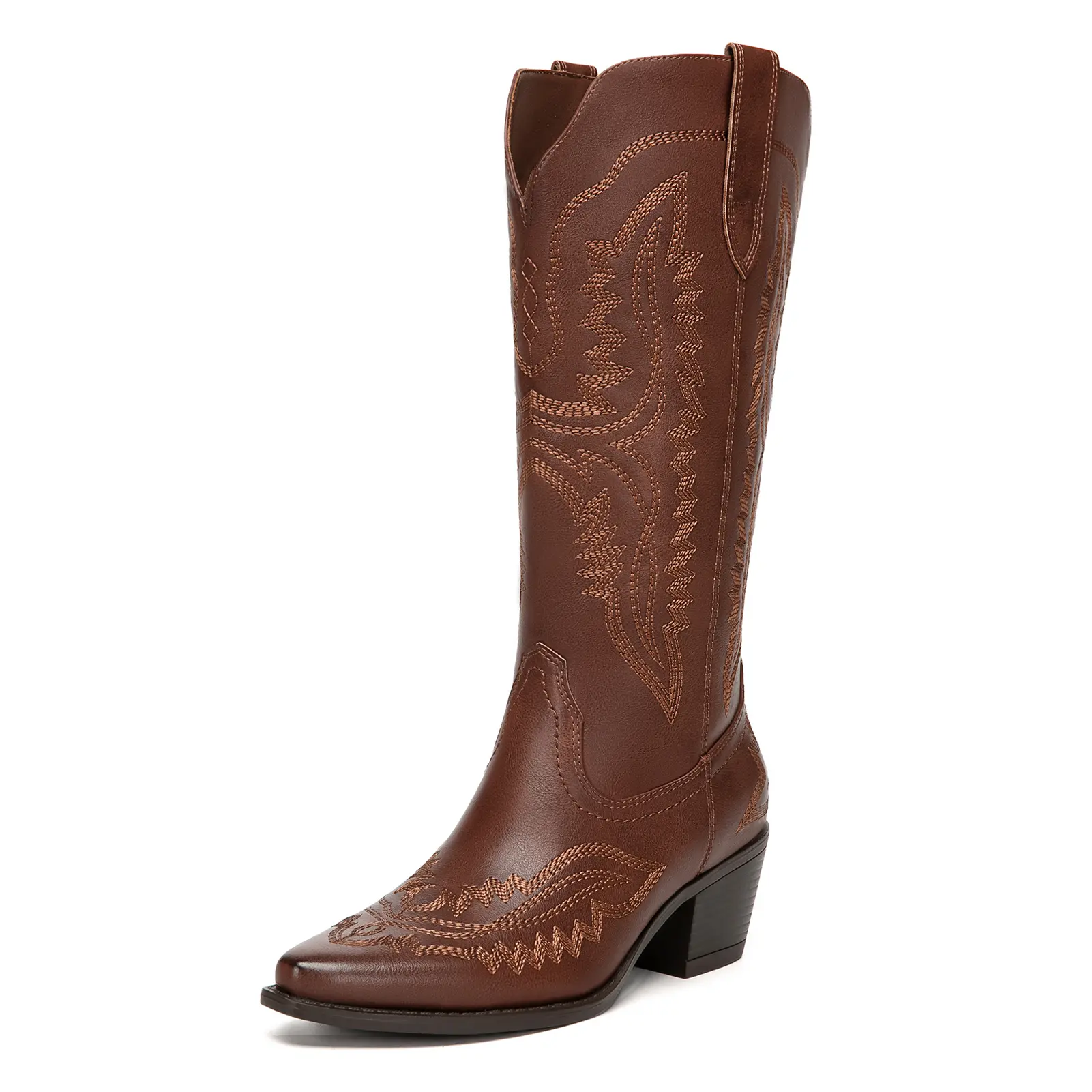 Athlefit Cowboy Boots for Women Western Cowgirl Square Toe boots Embroidery Chunky Heel Mid-Calf Boots knee high Footwear Walking Shoes