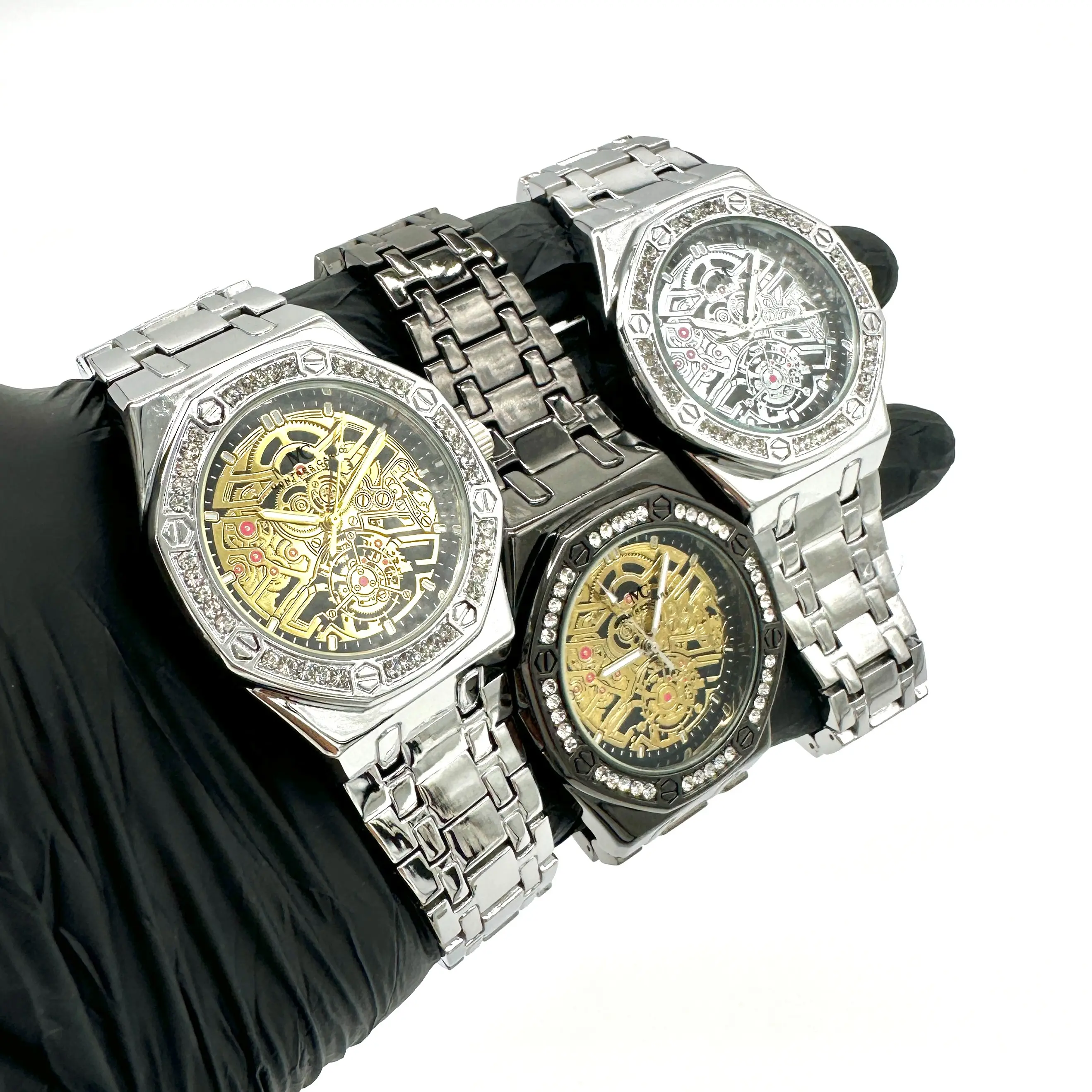 Men's 42mm Skeleton Dial Diamond Bezel Octagonal Metal Strap Luxury Watch