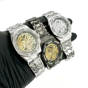 Men's 42mm Skeleton Dial Diamond Bezel Octagonal Metal Strap Luxury Watch