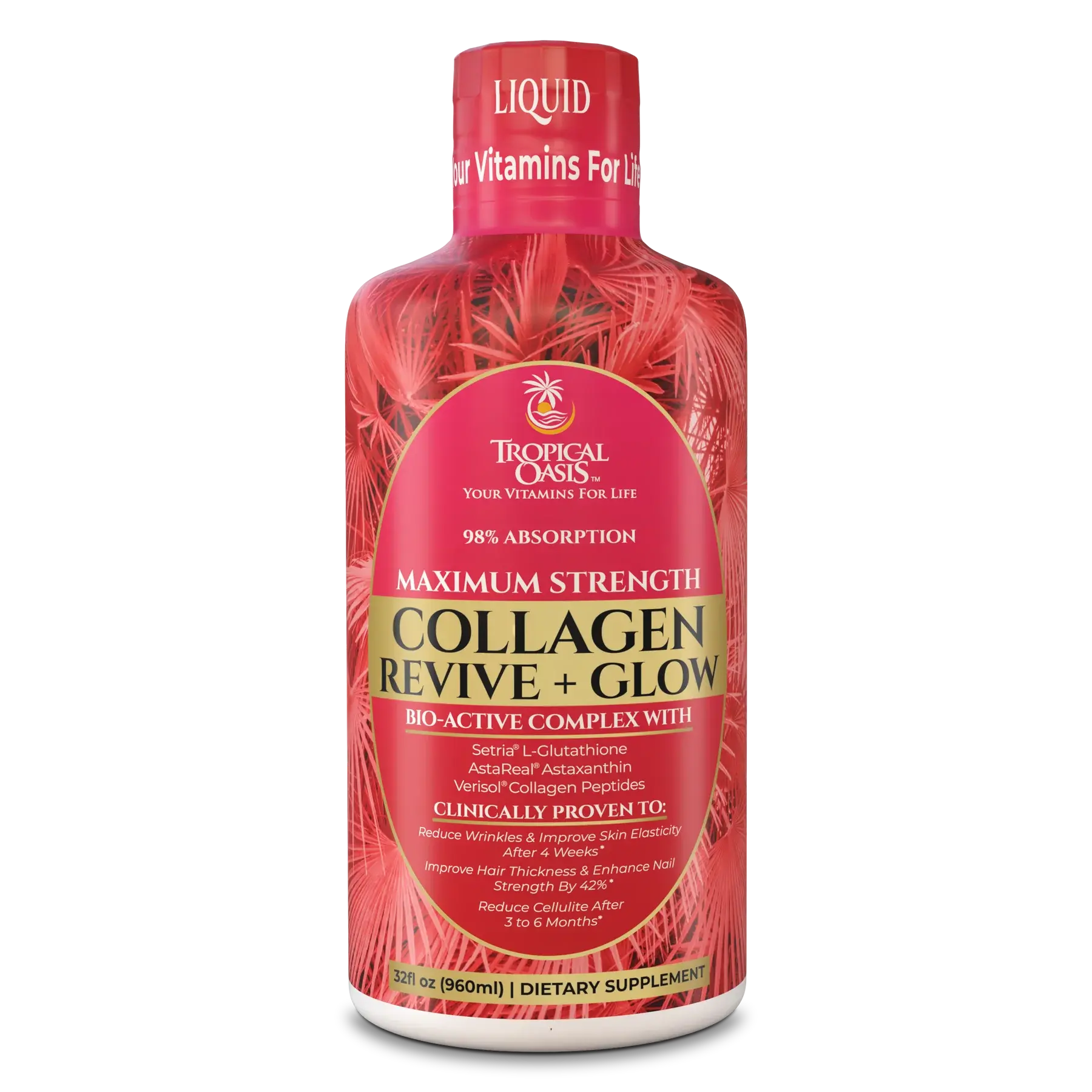 Tropical Oasis Collagen Revive + Glow Liquid Supplement 32 fl oz Supports Skin Elasticity Hydration Hair Nails Non-GMO Edible Healthcare Beauty
