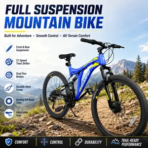 Elon Mountain Bike 26 Inch Full Suspension Bicycle 21 Speed Bike for Men Women Adults Durable Steel Frame Dual Disc Brakes Alloy Rims All Terrain Off Road Trail Riding Commute Multiple Colors Outdoor Sport Exercise Gift