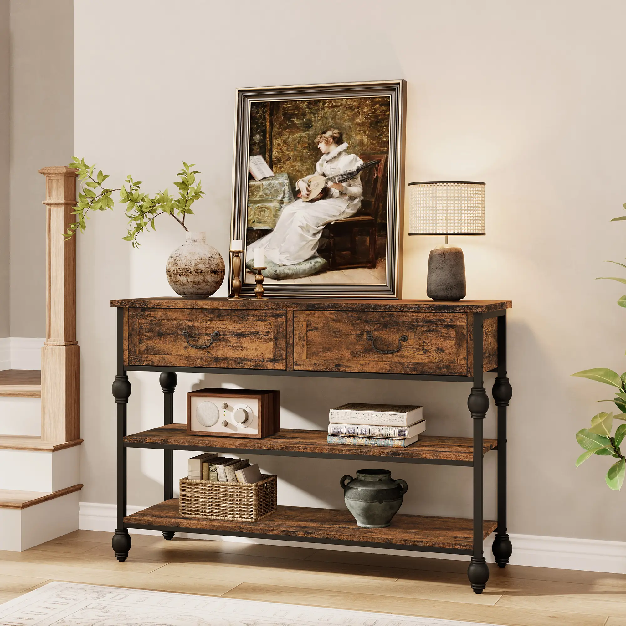 Retro Rectangle Entryway Table - 41 In Narrow Console Table with 0.5-in Thick Top, Wood Frame, 2 Drawers, 2-Tier Storage Shelves, Roman Columns, Assembly Required (40.94" L x 11.81" W x 29.72" H) for Foyer, Living Room