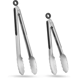 NEW - Stainless Steel Kitchen Tongs Set of 2 - 9" and 12", Locking Metal Food Tongs Non-Slip Grip Grill Heavy Duty