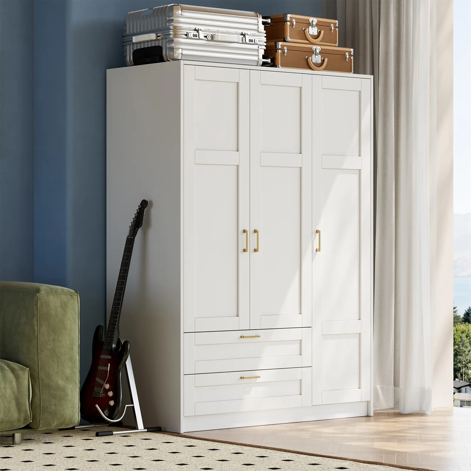 66" 3 Doors Wooden Wardrobe Closet Armoire with 2 Drawers & 3 Shelves, Wooden Wardrobe Closet with Hanging Rod, Bedroom Large Capacity Freestanding Armoire for Bedroom,Cloak Room,Entrance Hall