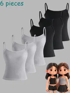 Girls' Basic Solid Color Thin Shoulder Strap Short Fitted Tank Top Camis Set of 6, Fashionable and Simple, Versatile for Daily Use, Machine Washable and Dry Cleanable, Girls' Clothing