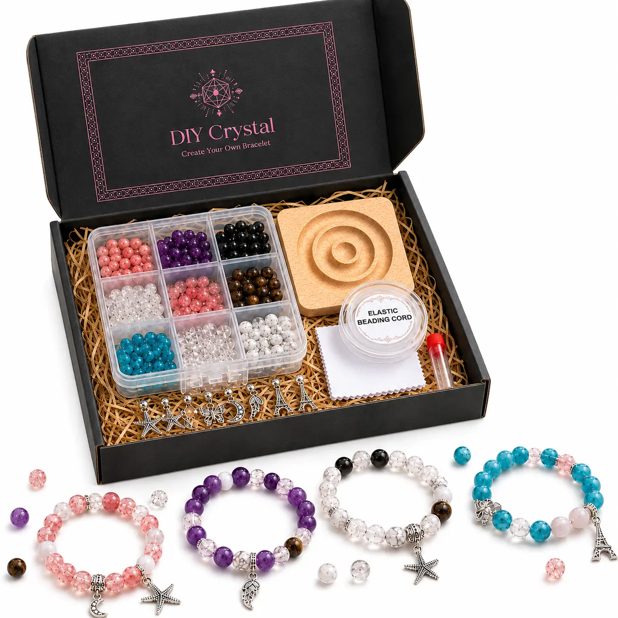 DIY Natural Stone Bracelet Making Kit for Adults, 81pcs 10mm Crystal & Agate Beads in 9 Styles, 400 Spacer Beads, 5 Silver Charms, Elastic Cord, Beading Needle & Wooden Design Tray, Jewelry Making Supplies Gift for Women & Teens