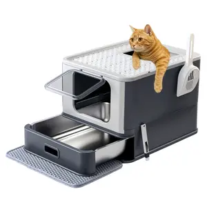 【Marchul】Stainless Steel Cat Litter Box with Lid & Drawer - Enclosed Large Kitty Box with Scoop & Mat - Adjustable Dual Entry - Non-Stick Metal Tray for Odor Control - Easy Slide-out Cleaning