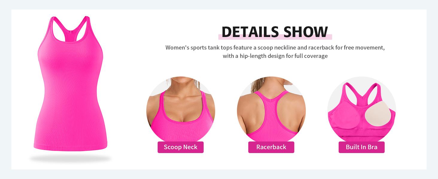 ATTRACO 2 Pack Ribbed Workout Tank Top with Built in Bra for Women Tight Fit Seamless Yoga Top