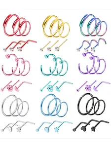 Stylish 54 Pcs Colorful Nose Piercing Jewelry Set for Women Men Durable 316L Stainless Steel for Long-lasting Wear Multi-style Selections Hoop Rings L-shaped Pin Studs Screw Nose Rings Brilliant CZ Inlaid Ornaments Romantic Moon Flower Heart Shapes