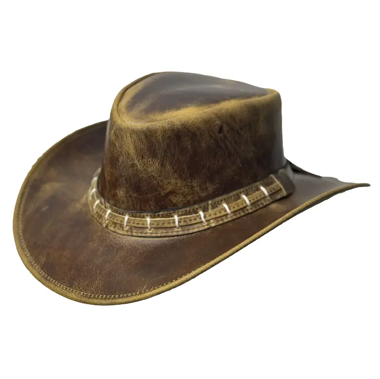 Real Leather Hats Western Style for Men and Women shapeable Brim vintage look. Handmade Leather Western Outback Hat with Shapable Brim for  main image 3