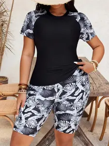 Plus Size Tropical Leaf Print Tankini - Summer Beach Vacation Swimsuit Essential