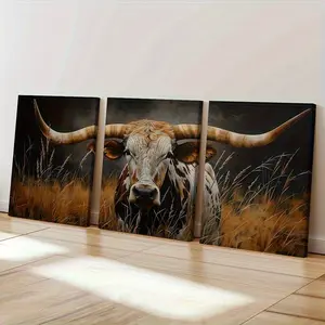 Two-Dimensional Triptych Bull Framed Canvas Wall Art - 3-Piece Set Realistic Bison Painting Suitable for Modern Farmhouse Decor, Spanish Ranch Style, Bathroom and Decorations, Office Gift Framed Cow Painting Board Two-Dimensional