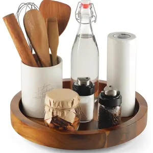 10" Acacia Wood Lazy Susan Organizer for Cabinet – Round Lazy Susan Turntable for Countertop – Wooden Kitchen Rotating Storage Food Bin Container for Centerpiece Table, Spices, Pantry