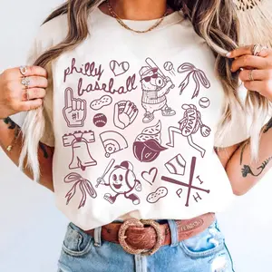 Retro Philly Baseball Doodle Graphic Tee, Cute Philadelphia Baseball Game Day Youth Shirt, Philly Baseball Doodle T-Shirt for Men, Women and Kids