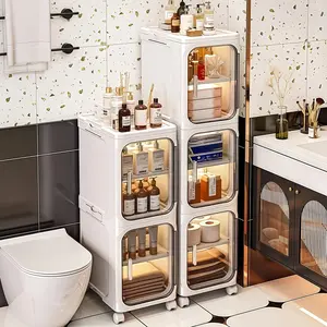 Shower Locker With Compartments, Multi-Layer Foldable Bathroom Storage Cabinet With Wheels, Bathroom Organizer
