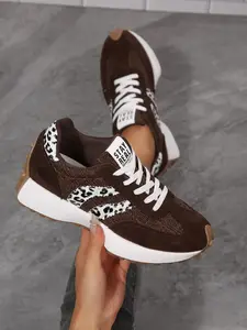 Women's Spring Autumn New Round Toe Leopard Print Colorblock Casual Shoes, Laced Thick Sole Height Increasing Anti-Slip Outdoor Sports Shoes