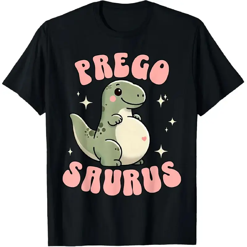 100% Cotton Unisex Pregosaurus Cute Retro Mommy Dinosaur Pregnancy Announcement T-Shirt, Small, Black