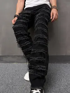 Men's Regular Fit Ripped Button Fly Jeans, Casual Comfy Pocket Trousers for Daily Menswear, Pants for Men, Fall Outfits, Birthday Outfits, Ripped Hole Jeans, Denim Pants, Fashion Men's Bottoms for All Seasons, Cotton, Streetwear