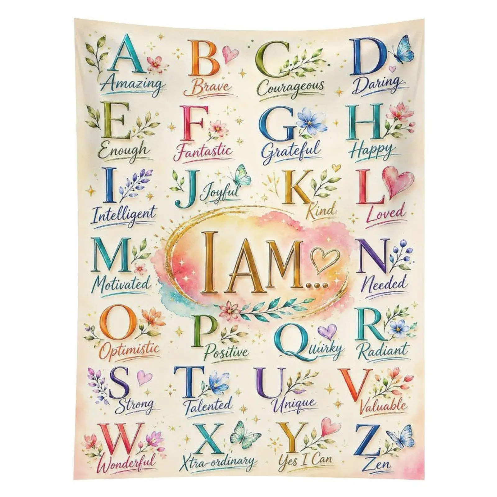 I Am Affirmation Alphabet Tapestry Floral Inspirational ABC Wall Hanging Decor