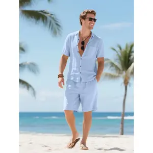 Men's Linen Two-Piece Set, Short Sleeve Button Down Shirt & Drawstring Shorts, Casual Summer Outfit for Beach Vacation & Resort Wear