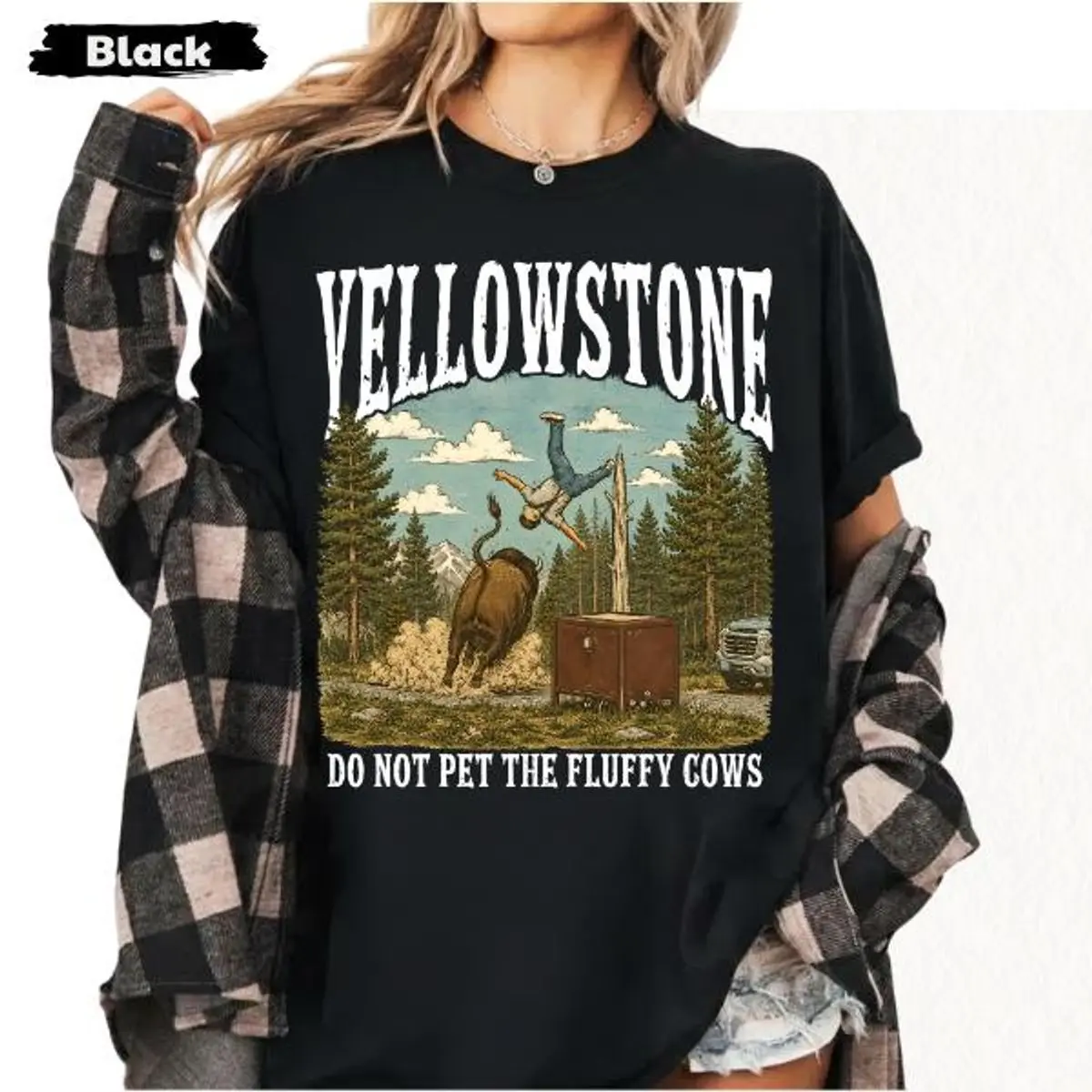 Comfort Colors Yellowstone Bison Attack T Shirt, Do Not Pet The Fluffy Cows Tee, Yellowstone T Shirt, A Bison And Tourist Tee , Unisex Short Sleeve Tee, Classic Streetwear