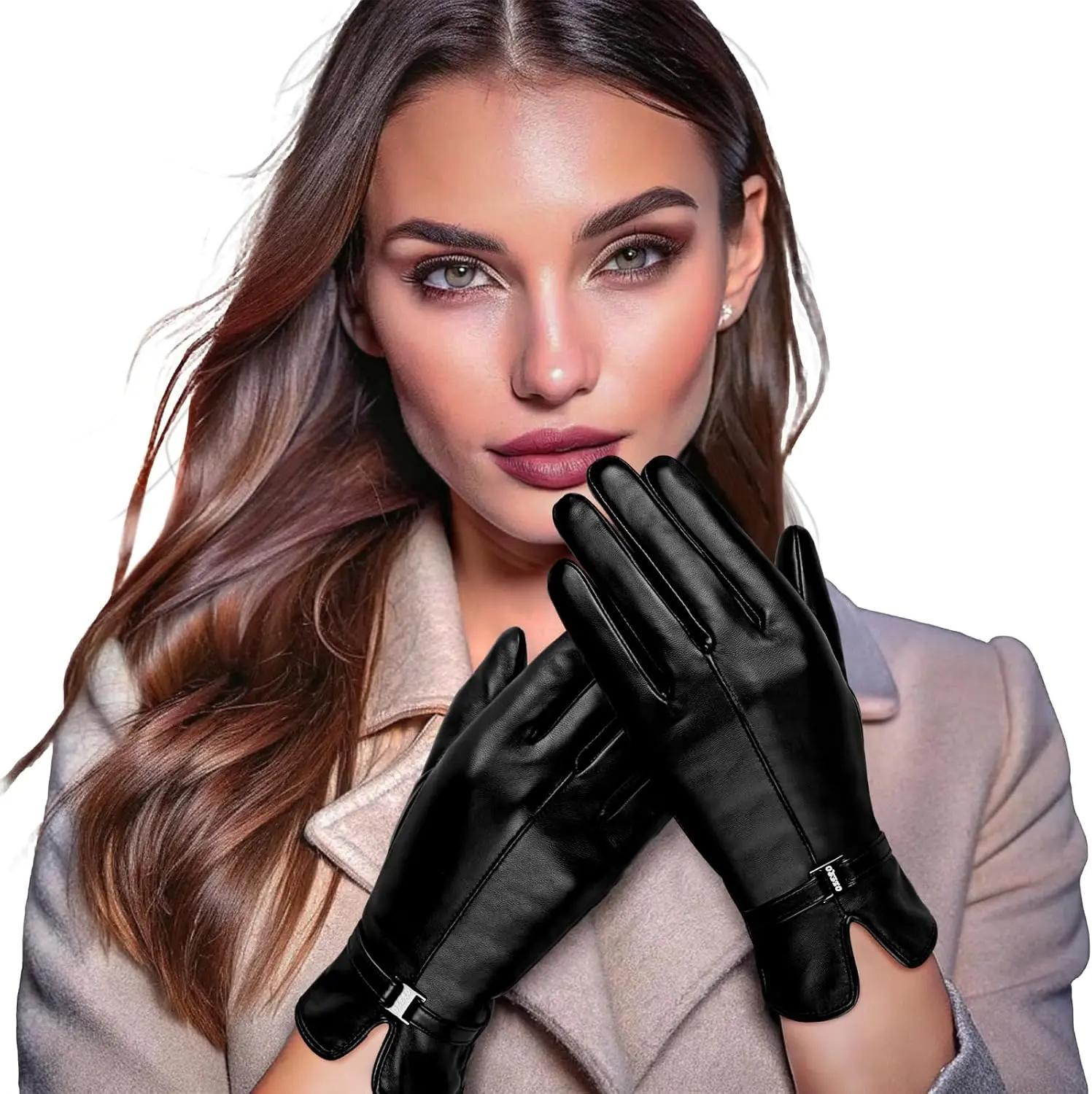 OZERO Women's Sheepskin Leather Gloves, Wool-Lined Winter Dress Gloves with Full-Hand Touchscreen for Driving, Commuting and Cold Weather