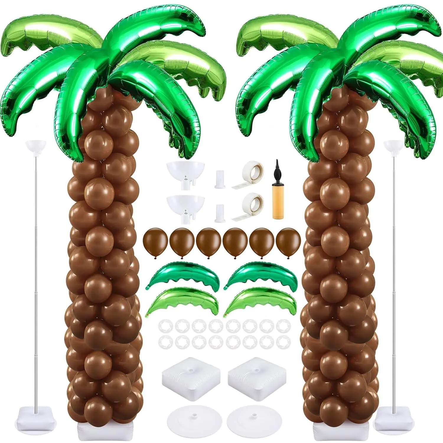 2 Set Palm Tree Balloon Column Kit 6.5 ft Adjustable Stand with Leaves & Coconut Balloons