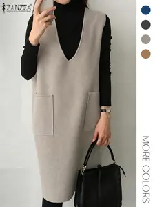 Women's Plain Split Hem V Neck Tank Dress, Casual Sleeveless Pocket Dress for Spring & Fall, Women's Clothing for Daily Wear