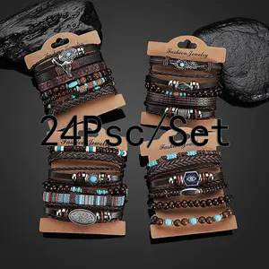 24Pcs Men Women Wooden Beaded Bracelet，Brown Bracelet Mens Ethnic Tribal Wrist Bracelets，Stretch Wristbands Bracelets Set Size Adjustable