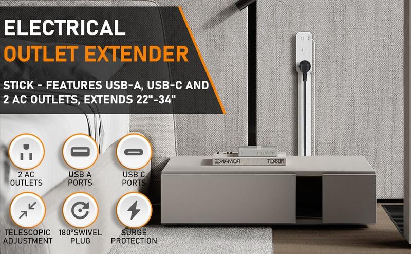 LENTORGI Outlet Extender with USB-C, USB-A & 2 AC Outlets, 180° Rotating Power Socket Expander, Extendable 18"-28" Wall Plug Adapter for Hard-to-Reach Outlets Behind Couches, Beds, Nightstands & Desks